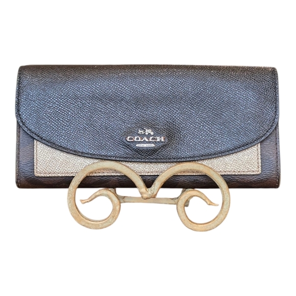 Coach Metallic Gold Black Slim Long Snap Leather Multi-Compartment Wallet - Picture 1 of 13